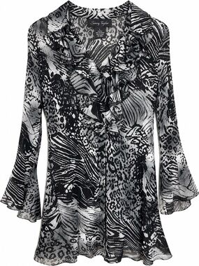 Sunny Taylor Womens L Sheer Animal Print Pleated Ruffle Collar Tunic Blouse